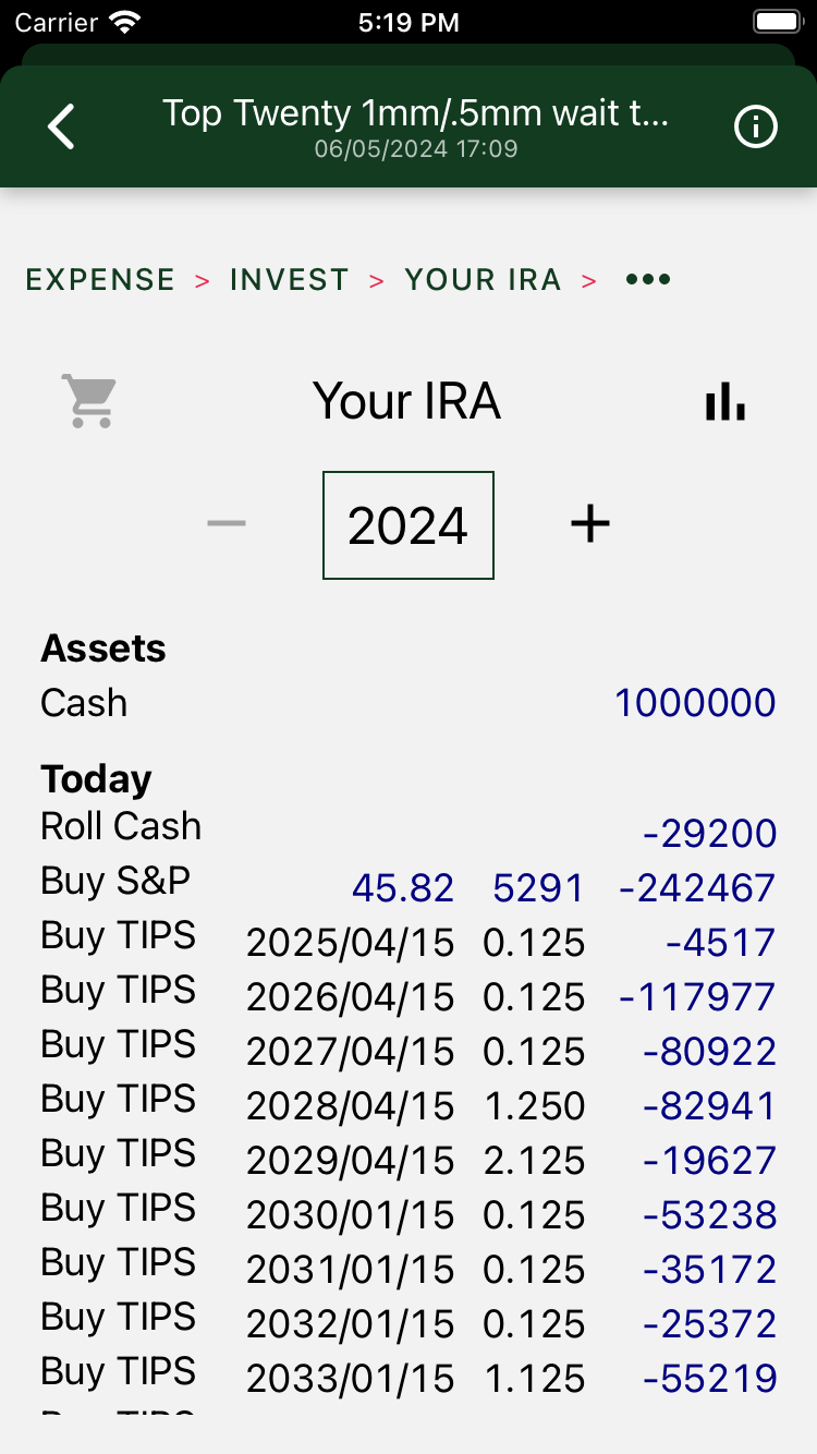 A list of purchases for your IRA on the first day. It includes a S&P buy, and yearly TIPS bond purchase.